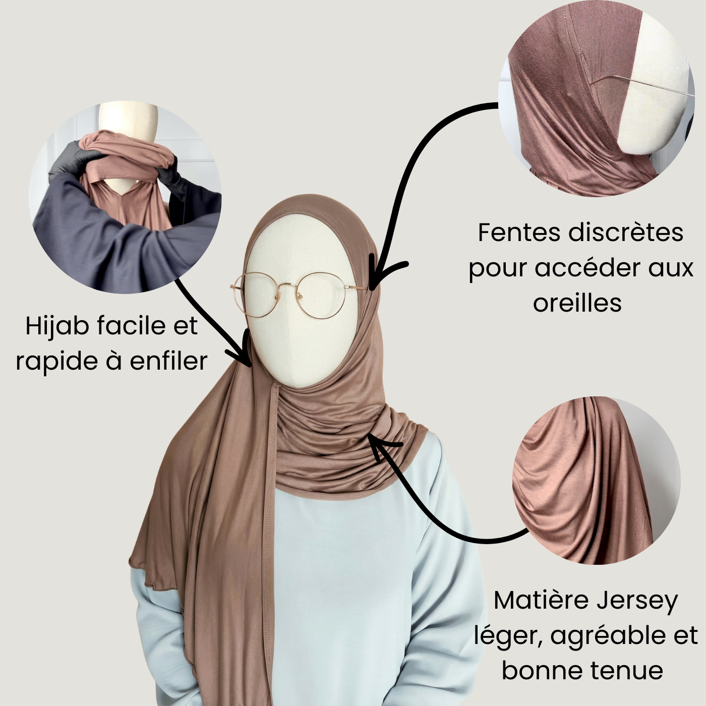 Hijab pour lunettes en Jersey facile à enfiler, léger agréable et fentes discrètes