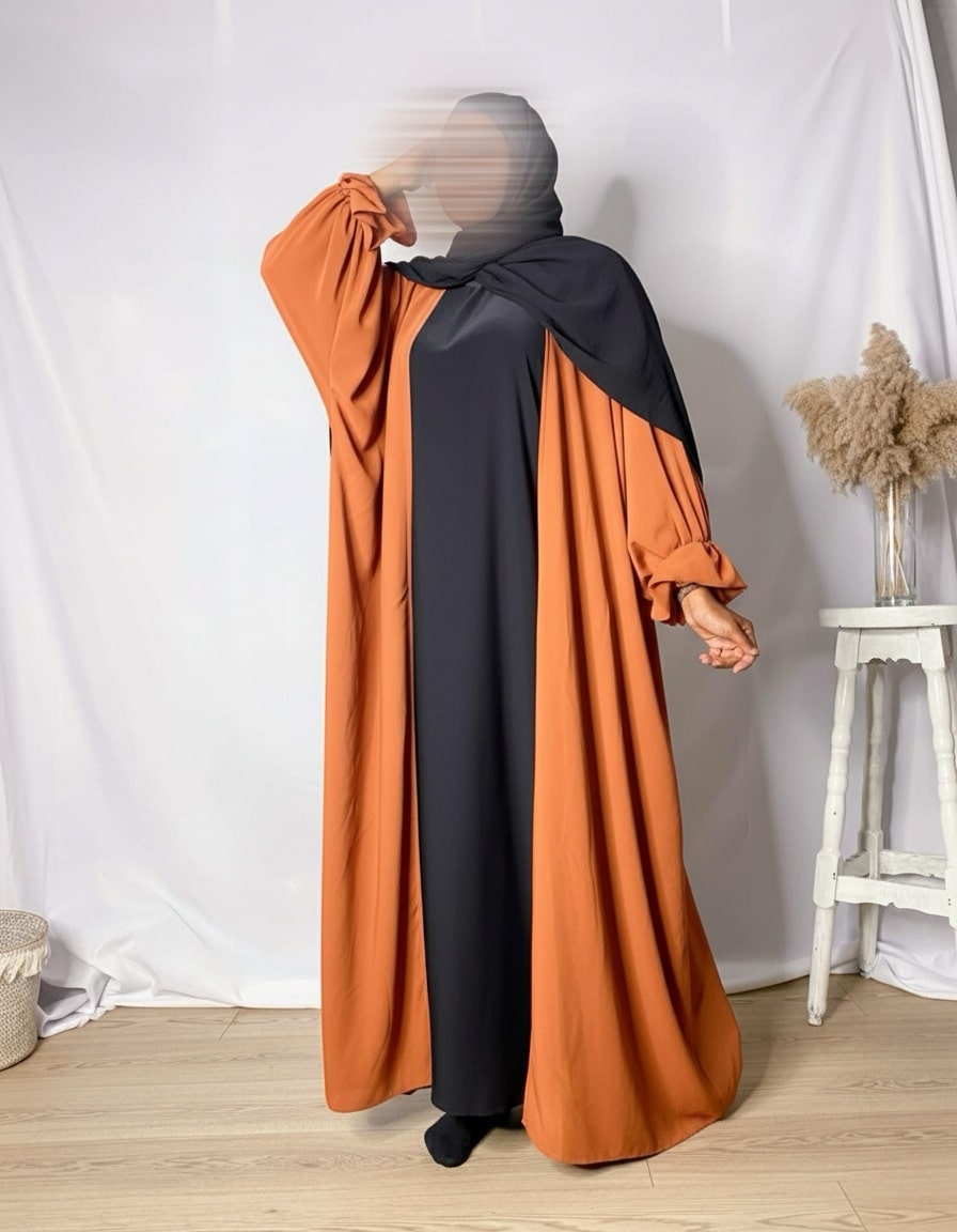 Kimono Abaya Manches Tulipes soie de medine corail orange