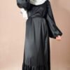 Abaya Satiné évasé Manche Bouffante noire brillante