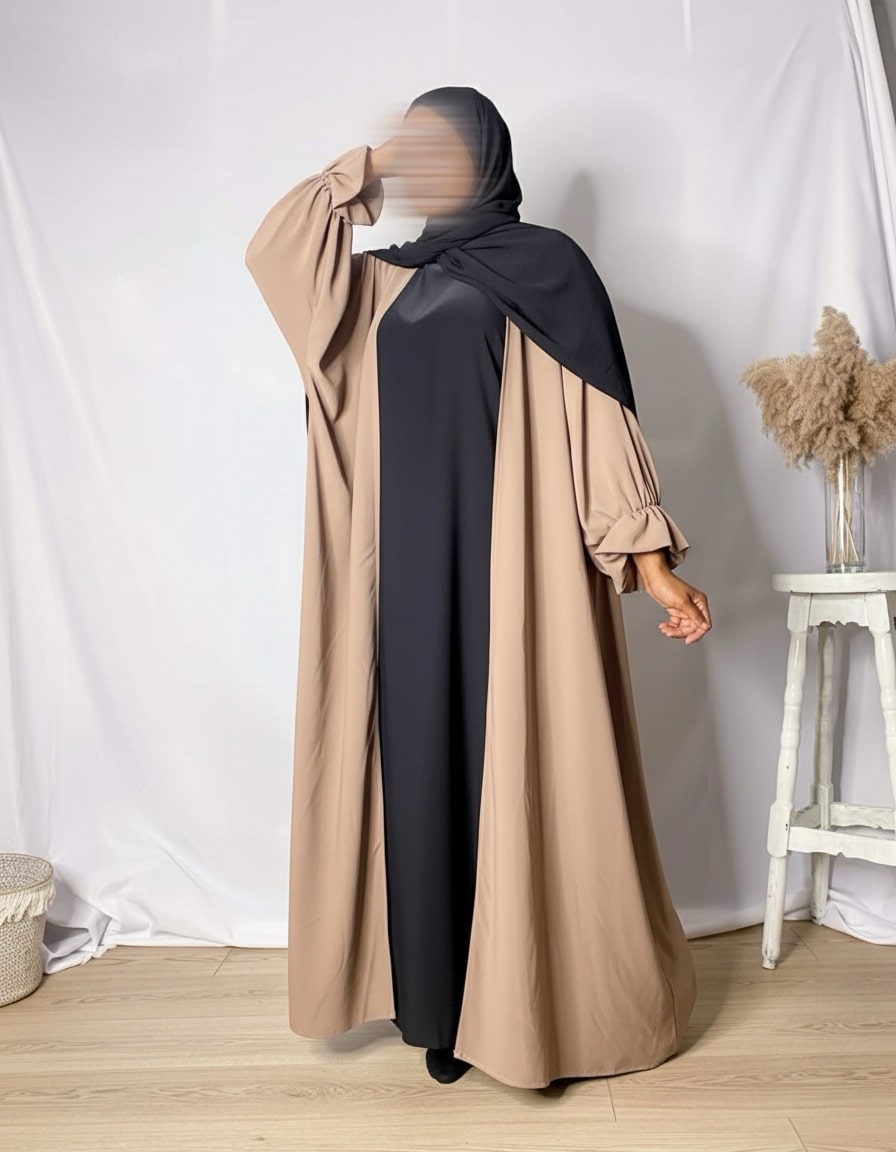 Kimono Abaya Manches Tulipes soie de medine taupe beige
