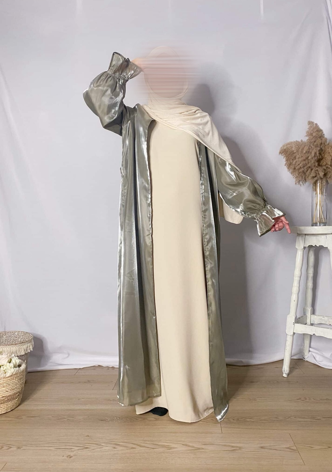 Kimono Abaya Brillant Manche tulipe Kaki