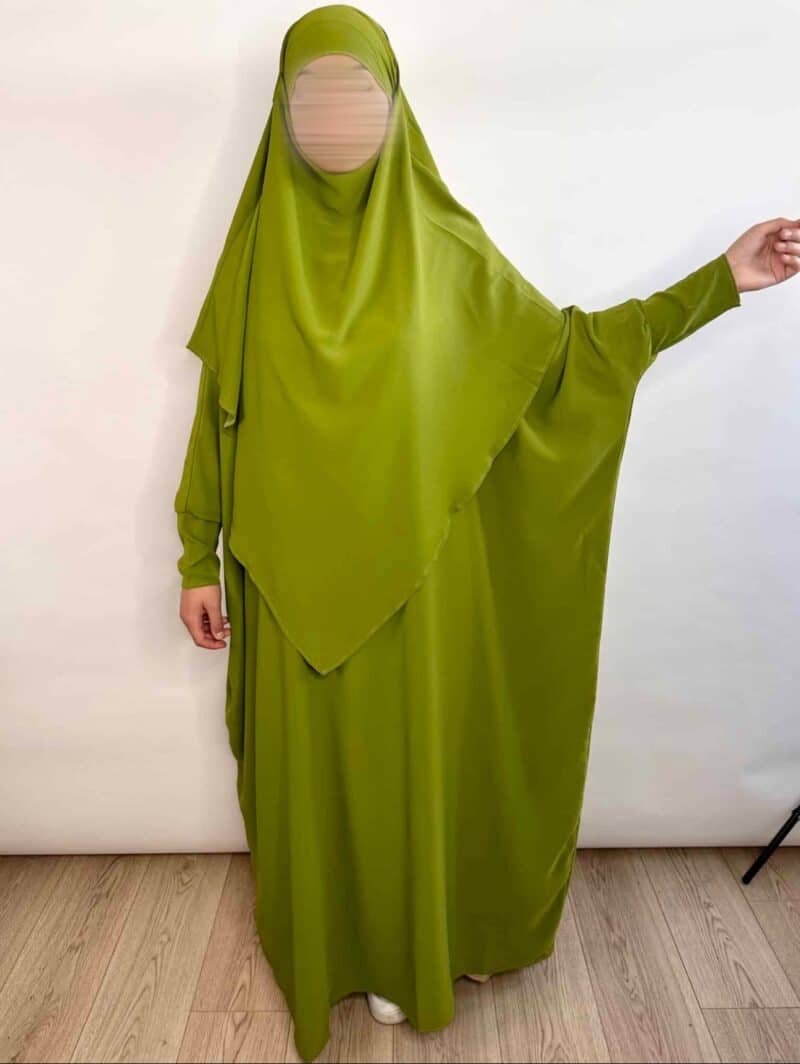 Abaya Khimar Soie de Médine vert olive