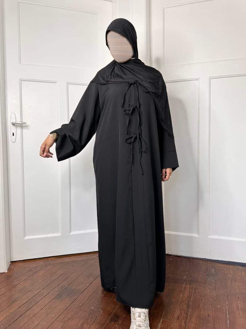 Abaya Dubai avec nœuds noir ficelle manche