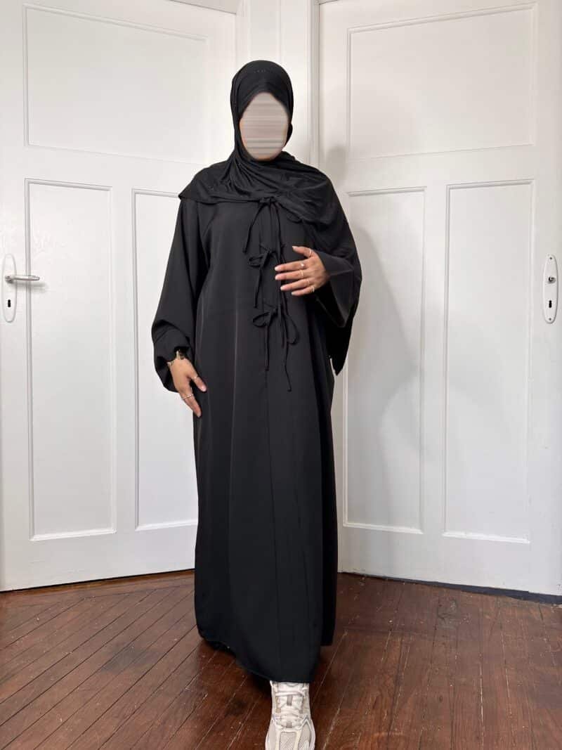 Abaya Dubai avec nœuds noir ficelle manche face