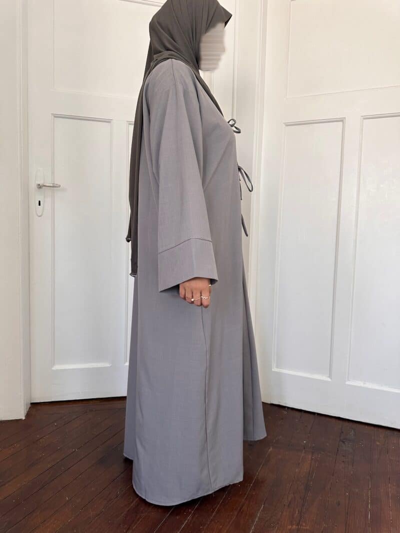 Abaya Dubai avec nœuds gris ficelle manche profil debout manche longue