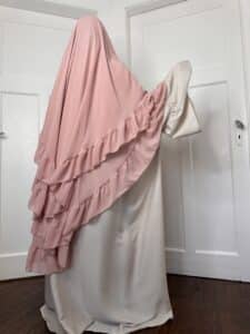 Khimar 3 Voiles Mousseline Arrondi à volant ROSE